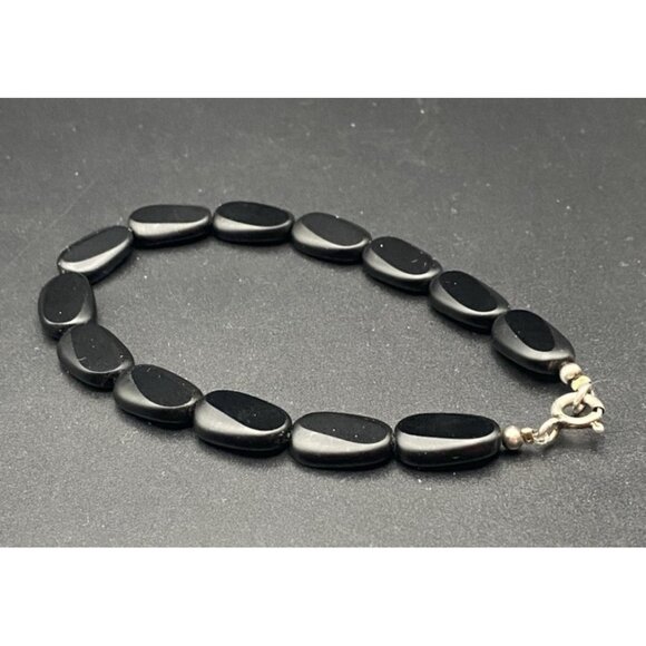 Vtg Black Onyx Bracelet Flat Bevel Bead Tests Sterling Silver Spring Ring 7.5 in - Picture 2 of 8